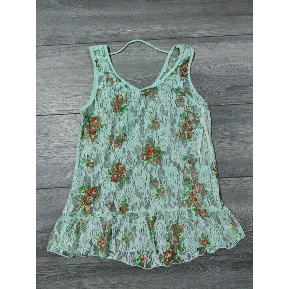DEB Crochet Lace Top Adult Size Medium Green Floral Sheer Peplum Womens